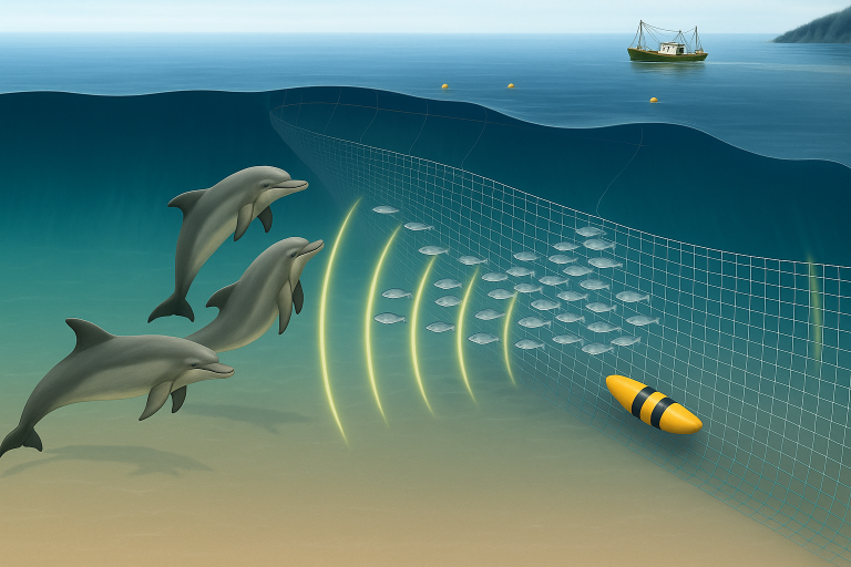 Dolphins repelled from net due to Banana Pinger on net